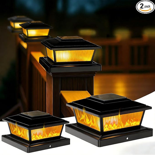 KEILAIMO Solar Post Cap Lights Outdoor for 4x4 5x5 6x6 Wood/Vinyl Posts, 2 Pack Fence Post Solar Lights with Flickering Flame & Warm Modes for Deck/Garden/Patio, IP65 Waterproof - Coal Black