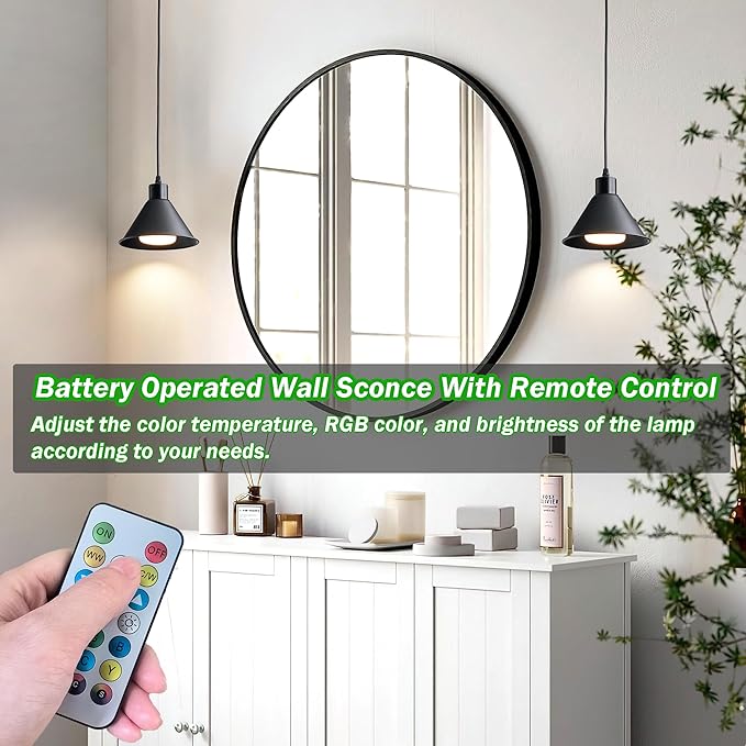 Battery Operated Pendant Light Set of 2, RGB Color Changing Rechargeable Hanging Light with Remote Up to 50 Hours Use, Vintage Pendant Light No Wiring for Bedroom Living Room(Black)