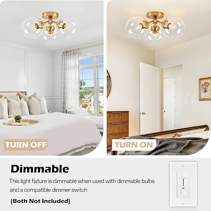 KoKo&Yukina 3-Light Mid Century Modern Gold Semi Flush Mount Ceiling Light Globe Sputnik Chandelier Fixture Clear Glass Globe Ceiling Lights for Bedroom Living Room Hallway Entryway Foyer