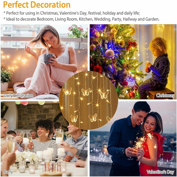 Lainin USB Powered 13FT 96 LED Curtain Lights 16 Butterflies Twinkle Lights 8 Modes Fairy Light Strip for Party Indoor Outdoor Room Garden Wedding Christmas Xmas Decor (Warm White)