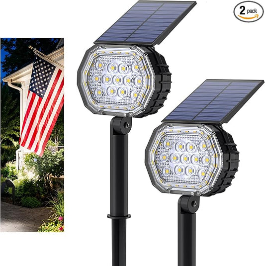 Solar Spot Lights Outdoor Waterproof IP65, 3 Modes Solar Lights Outdoor 35 LED Landscape Lighting, Spot Uplights for Flag Tree Garden Yard House Backyard, 2 Pack Cold White(6000K)