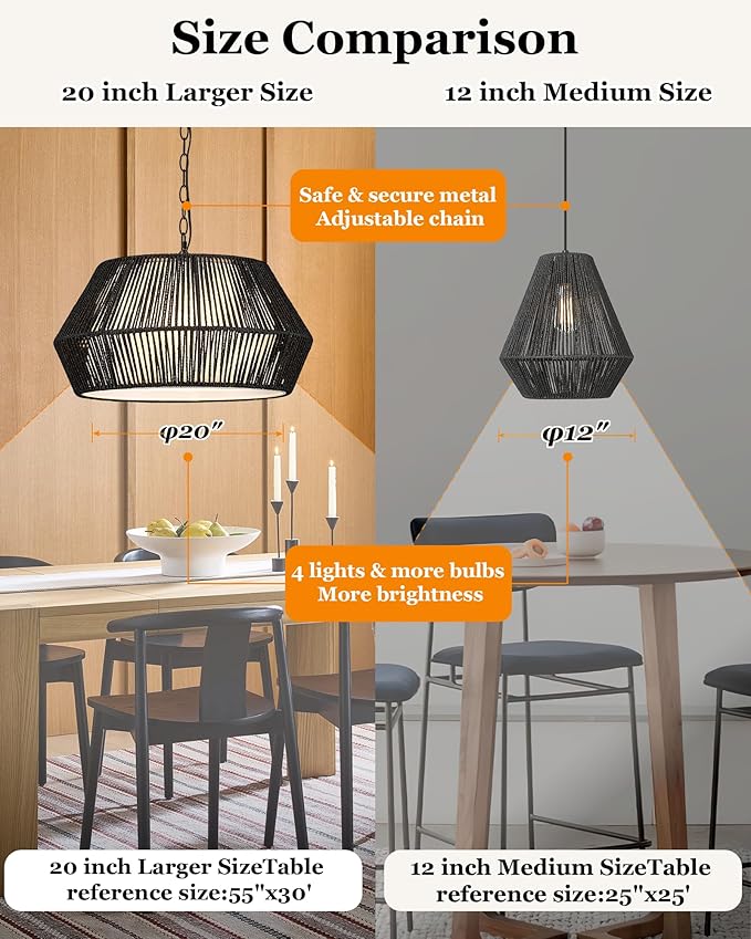 ELYONA 20" Modern Chandeliers for Dining Room, 4-Lights Large Rattan Chandelier Light Fixture with Fabric Shade Adjustable Boho Woven Hanging Pendant Light for Kitchen Island Living Room Bedroom Black