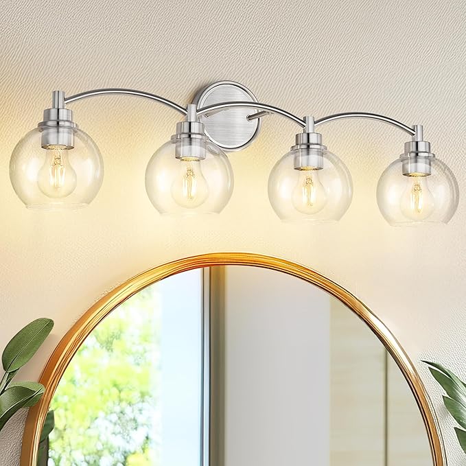4-Light Bathroom Light Fixture, Brushed Nickel Vanity Light Over Mirror, Globe Glass Wall Sconce, VL02BN-4