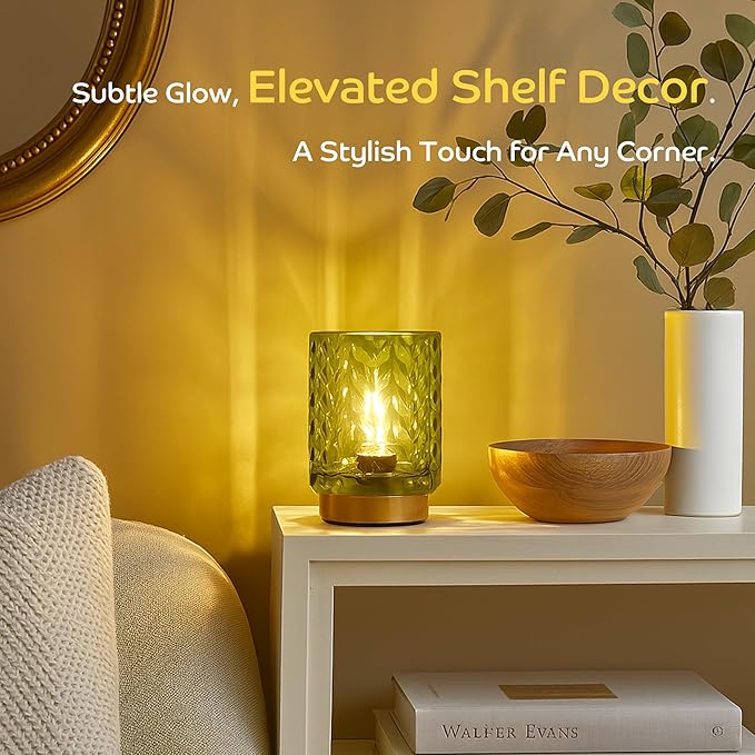 LUSHARBOR Battery Operated Table Lamp, Small Green Glass Lamp Bedside Decor Ambient, Cordless Table Lamp for Bookshelf Desk Living Room Entryway Dorm Wave Design-Green
