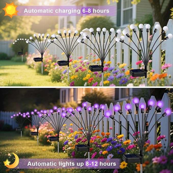 ZFNN Solar Garden Lights 16 LEDs, Purple, 2 Pack 8 Heads, Outdoor Waterproof, Swaying Firefly Lights for Yard, Patio, Pathway, Lawn Decorations