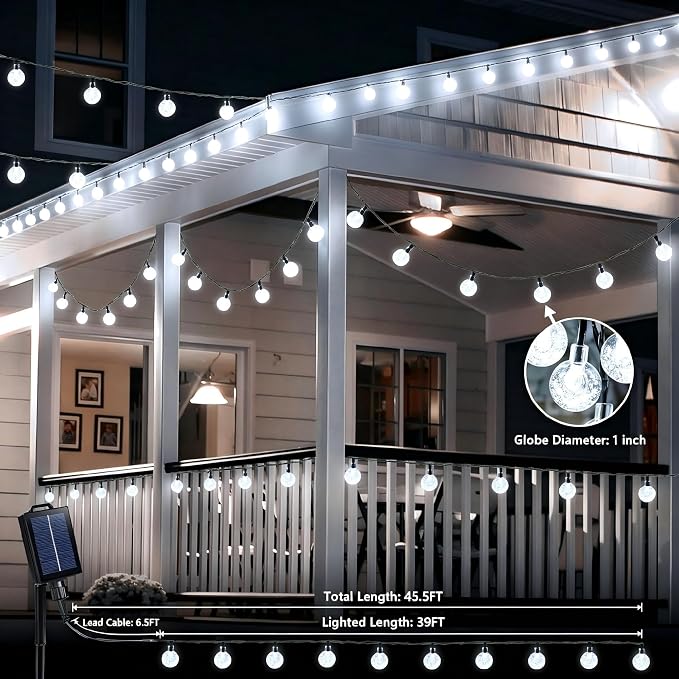 Joomer Solar Powered String Lights Waterproof, 39FT 60 LED Outdoor Solar String Lights Crystal Ball Light 8 Modes Globe Light for Garden, Gazebo, Porch, Lawn, Patio, Tree Decor (White)