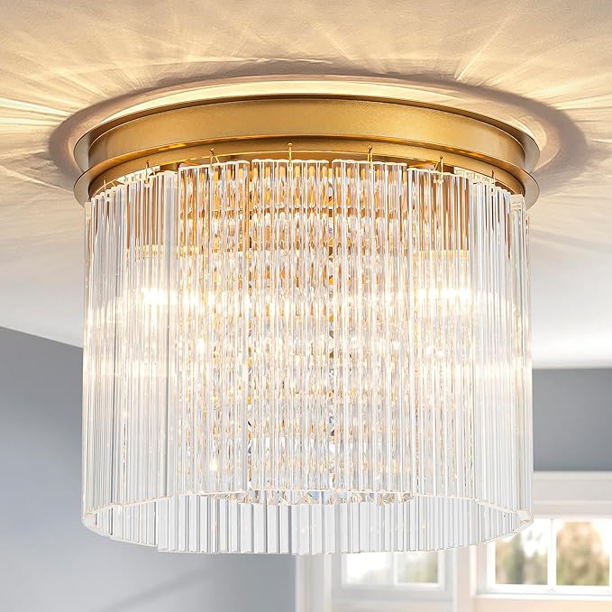 3-Light Drum Ripple Glass Ceiling Lights, Modern Style Flushmount Light Fixture for Kitchen, Bedroom, D12 * H10 inch, Ripple Glass Shade & Brass Finish Canopy