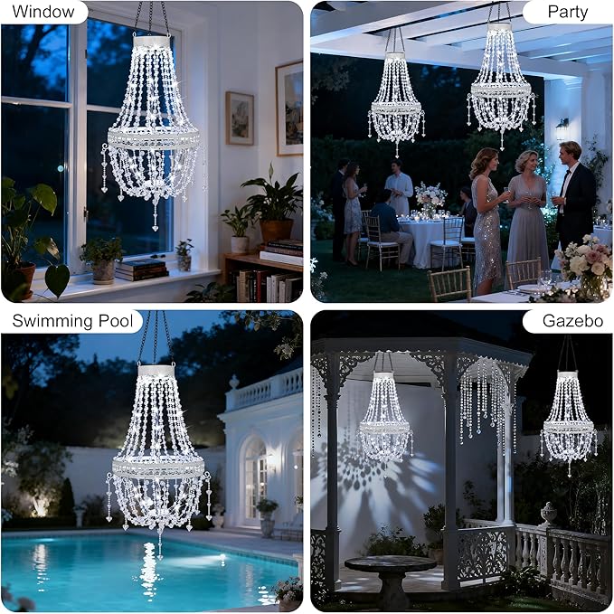 Hanging Solar Lantern Outdoor Chandelier, Waterproof Modern Crystal Acrylic Pendant Light with Cool White LED S Hook Gifts for Women Garden Decor Light for Gazebo, Patio, Yard, Party, Wedding