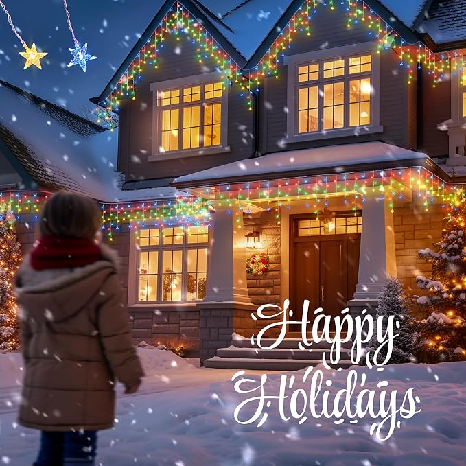 oopswow 200 LED Icicle Christmas Lights with Star,16.5FT Curtain Fairy Lights 40 Drops 8 Modes with Timer, Star Christmas Lights for Backdrop,Wedding,Patio,Christmas Decorations,Multicolor
