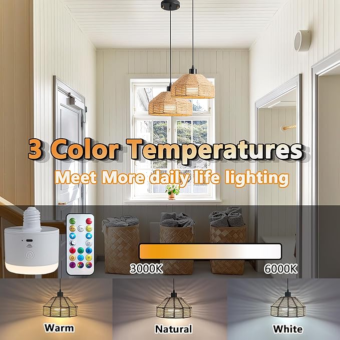 Battery Operated Pendant Light Set Of 2,Rechargeable Hanging Light 50 Hours Long Battery Life, RGB Color-Changing Chandelier Boho Woven Rattan Pendant Light Ideal For Indoor Lighting