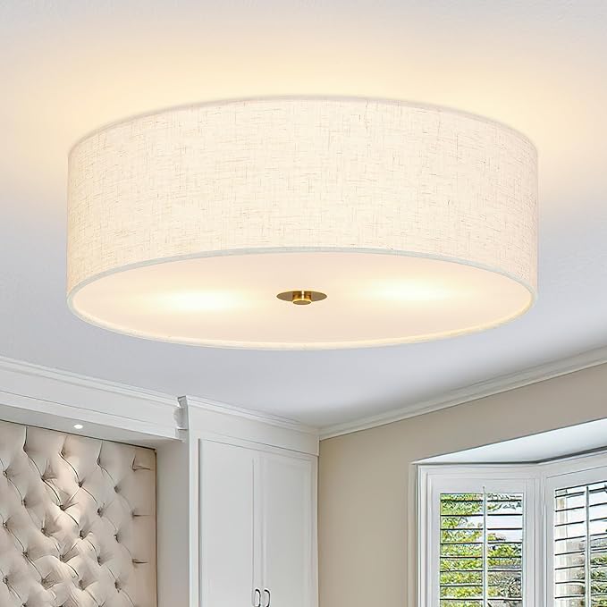Bagood 16 Inch Flush Mount Ceiling Light Fixture 3-Light Drum Modern Gold Ceiling Light Fixture Dimmable Close to Ceiling Light Fixture with Fabric Shade for Living Room Hallway Entryway Bedroom