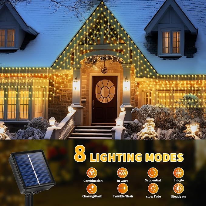 32.8 * 3.28FT Large Size Solar Curtain Icicle Lights Outdoor, 8 Modes Outdoor String Icicle Curtain Lights, Solar Christmas Garden Light for Patio, Gazebo, Eaves, Fence, Tree, Porch (Warm White)