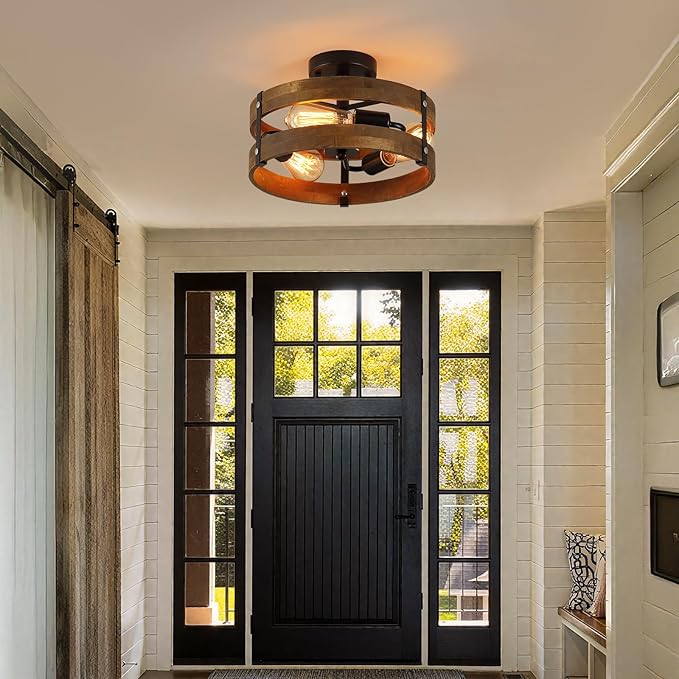 3-Light Rustic Farmhouse Wood Flush Mount Ceiling Light Fixture 12.59 inch Oak Wood and Metal Round Cage Semi Flush Mount Ceiling Light for Hallway Entry Bedroom Kitchen Hall Farmhouse, Black