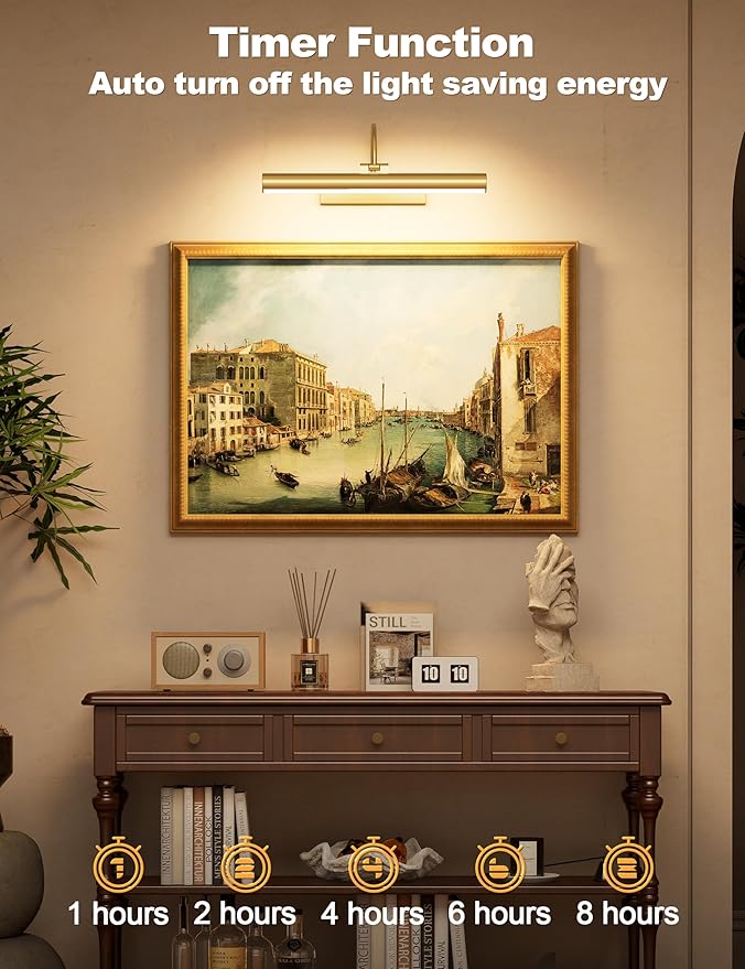 Bridika Picture Light for Wall with Remote, Rechargeable Battery Operated Picture Light, 3 Color Modes and Dimmable Classic Art Lights for Paintings, Gallery, Bedroom, Bathroom with Timer Gold 1