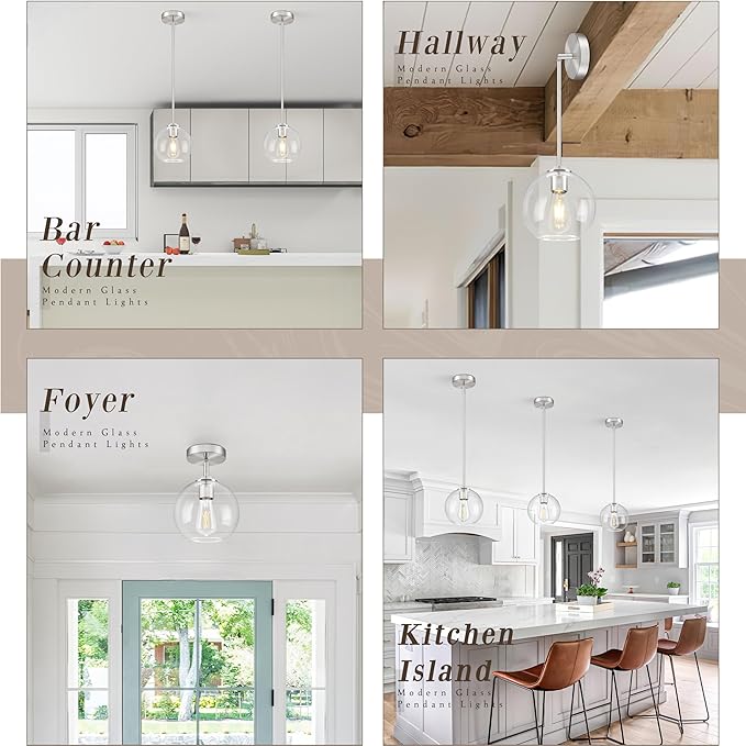 7 Inch Nickel 2-Pack Modern Pendant Lights Kitchen Island Mid Century Modern Pendant Light Fixtures with Clear Glass Globe Modern Hanging Pendant Light for Bathroom Bedroom （Bulb Incl）