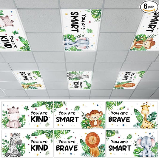6 Pcs Fluorescent Light Covers with 60 Magnets Decorative for Classroom Ceiling Lights 4 x 2 Feet Magnetic Light Cover Filter Easy Install for Office Hospital Home Ceiling Supplies (Jungle Animals)