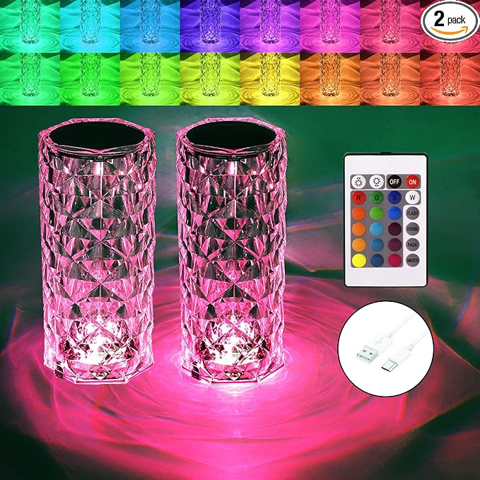 BGFHome 2 Pack Crystal Table Lamp 16 RGB Color Changing Rose Diamond Touch Lights, Protable Rechargeable Cordless Bedside Night Light with Remote, Aesthetic Room Decor Gift for Bedroom, Party, Dinner
