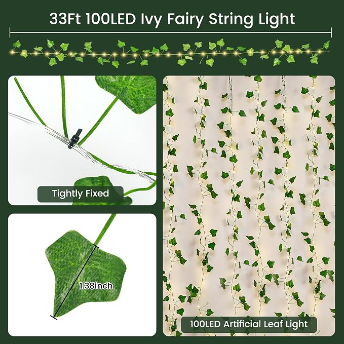 (New) Vines with String Lights, 33ft 100 LED Leaf String Lights, LED Artificial Vines with Fairy Light, 2 Modes Fake Vines Ivy Lights for Bedroom, Wall, Room, Garden, Party Decoration