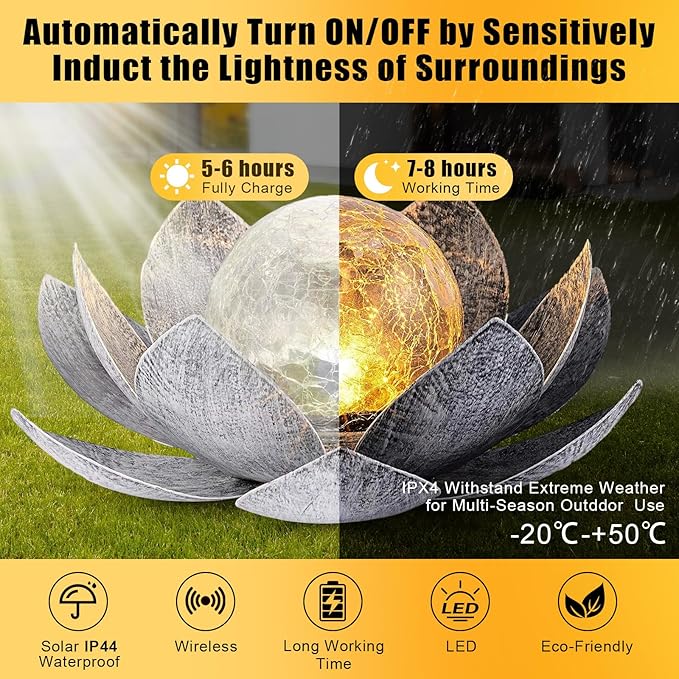 VIHOSE 4 Pcs Lotus Solar Light Outdoor LED Waterproof Art Globe Glass Decoration Outdoor Table Decor Garden Gifts Decorative Crackle Globe Glass Metal Lotus Flower for Patio Lawn(Silver)