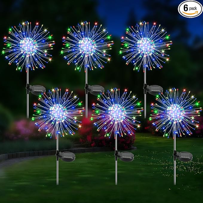 Solar Garden Lights Outdoor, 6 Pack 120 LED Twinkling Firework Lights Decorative with 2 Modes, Outdoor Waterproof Solar Starburst Light for Yard Pathway Planter Patio Decor, Multicolor