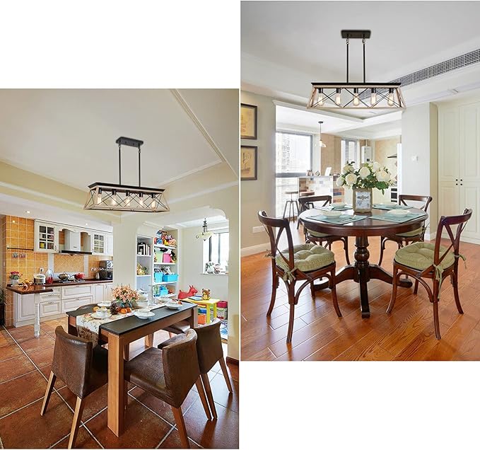 Farmhouse Chandeliers for Dining Room, Rustic Kitchen Island Light Fixture, 5-Light Linear Pendant Lighting Rectangular Chandelier, Metal Solid Ceiling Lights