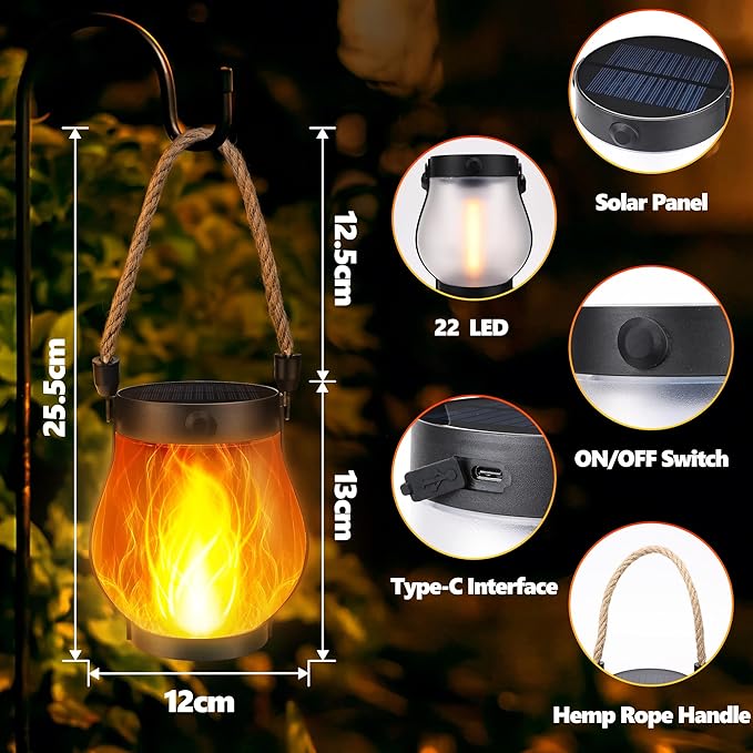 iBaycon 1 Pack Gen2 Solar Lantern Lights USB Ultra-Real Flame, Warm White | Solar Garden Lights with Dual Charging USB & Solar, 2 Modes Outdoor Waterproof Hanging Lantern for Patio Yard Home