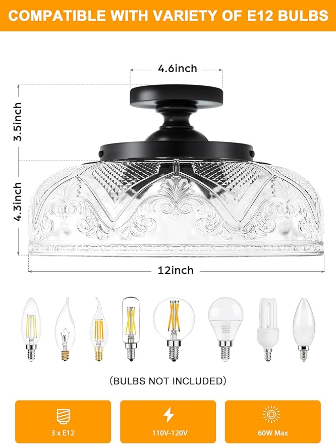 Semi Flush Mount Ceiling Light, 12 Inch Large Black Ceiling Light Fixture, 3-Light Globe Glass Industrial Kitchen Lighting Fixtures for Bathroom, Hallway, Dining Room (Bulb Not Included)