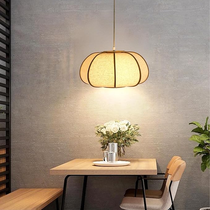 15" Bamboo Pumpkin Pendant Light, Adjustable 71" Hanging Lamp with Boho Japandi Fabric Shade, Ceiling Light for Dining Room, Kitchen, Bedroom, E26 Base (Nature Color)