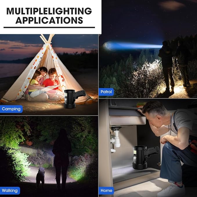 Kmivo Rechargeable Spotlight, 2,000,000 Lumens Super Bright Handheld Led Flashlight, Outdoor Spot Light with Cob Light and Solar Panelsfor Boating Camping