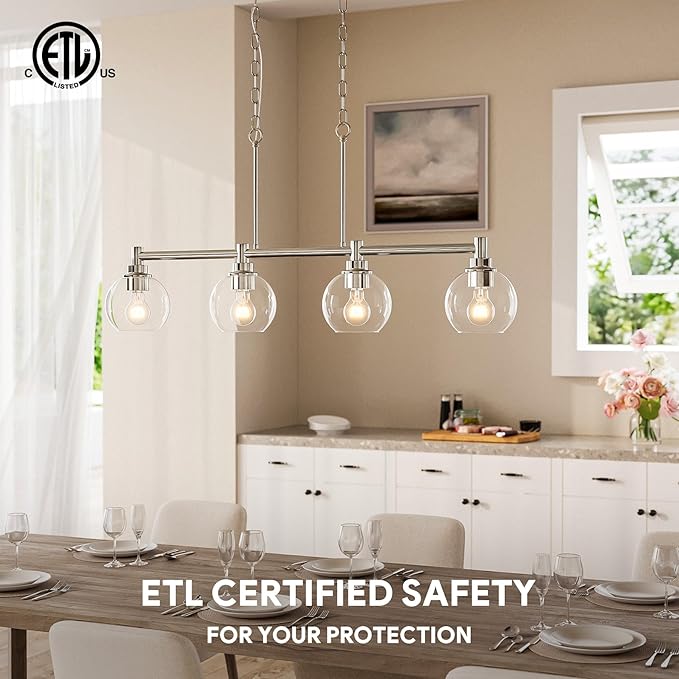 VONLUCE Dining Room Light Fixture Over Table, 4-Light Kitchen Island Lighting with Round Glass Shades & Adjustable Hanging Heights, Linear Chandlier for Dining Room Kitchen, Nickel, ETL Certificated