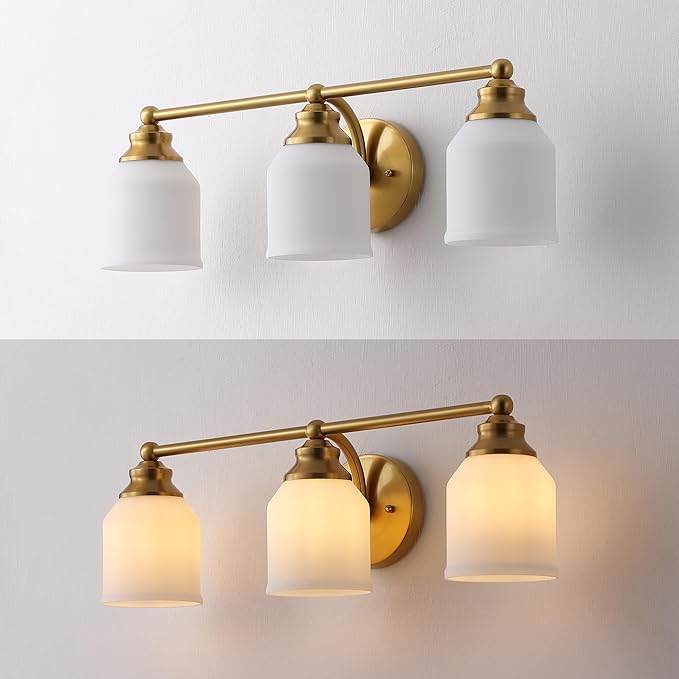 JONATHAN Y 24" Brass Gold/White Modern Farmhouse LED Vanity Light Wall Sconce Fixture, Frosted White Glass Shade, Dimmable Wall Lamp for Bathroom Mirror Kitchen Sink, UL Listed (JYL7551B)
