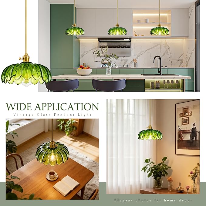 Mid Century Modern Pendant Light 2 Pack Hanging Adjustable Pendant Lights with Brushed Gold Fixture Green Flower Glass Vintage Chandelier for Kitchen Island Bedroom Dining Room（Bulb Incl.）