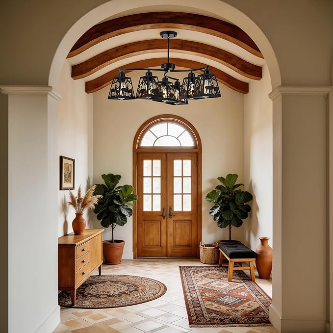 Rustic Semi-Flush Mount Ceiling Light Fixture,6-Light Adjustable Height with Rotation Arm Black Fixtures for Kitchen, Hallway, Living Room, Industrial Style with Deer, Bear, Tree Design