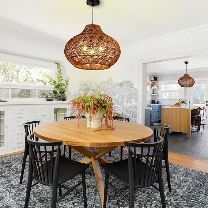 19inch Large Rattan Chandelier, Boho Rattan Chandelier Light 3-Light Wicker Rustic Hanging Light Fixture for Dining Room Kitchen Island Living Room Foyer Restaurant