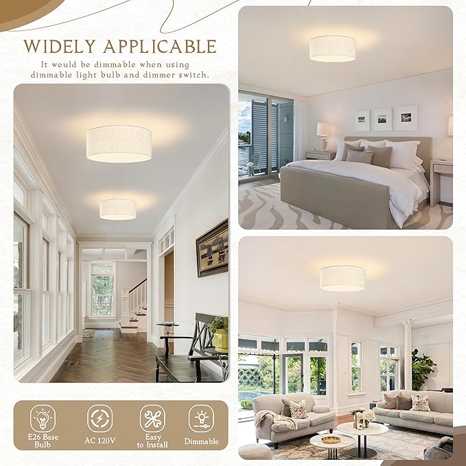 15.7 Inch Flush Mount Ceiling Light Black Close to Lights Fixture with Fabric Shade 3-Light Drum Modern Lights for Dining Room Bedroom Hallway