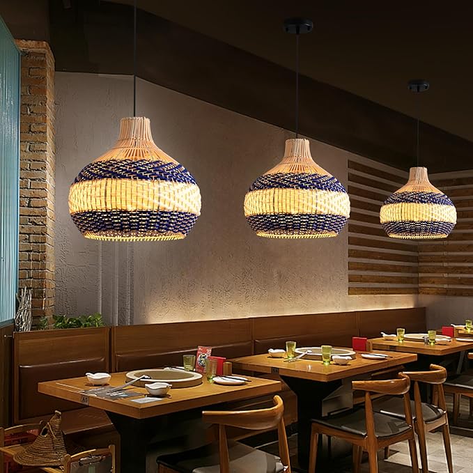 3-Light Rattan Pendant Light 15" Hand-Woven Blue White Wicker Basket Chandelier1-Pack Boho Faux Rattan Hanging Light,for Living Room Bedroom Kitchen Hallway Dining Farmhouse