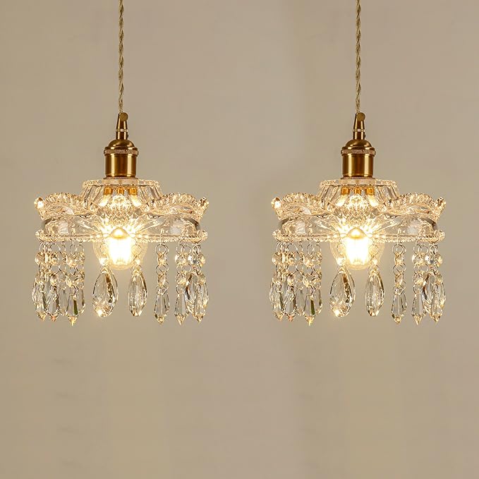 Modern Crystal Pendant Light, Mini Chandelier with Brass Base, Adjustable height,with switch Clear Glass Droplets for Bedroom, Bathroom, Hallway, Kitchen Island, Entryway (2-pack,Hard-wired)