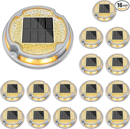 VOLISUN Solar Driveway Deck Lights Dock Marine Lights,16 Pack Solar Ground Light 2 Colors in 1 led Waterproof,Driveway Marker Light for Pathway Warning Step (White/Warm White),Auto On/Off