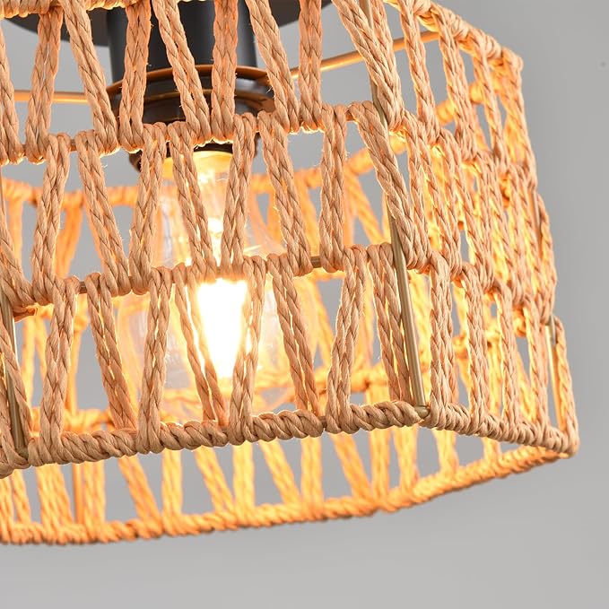 Hand-Woven Rattan Flush Mount Ceiling Light,Farmhouse Light Fixtures Ceiling Mount Boho for Hallway Bedroom Kitchen Entryway Living Room