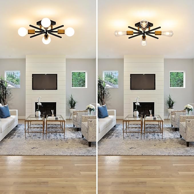 4 Light Sputnik Light Fixture Black Gold Flush Mount Lights Industrial Ceiling Light 2 Pack 19" Modern Farmhouse Ceiling Lights for Kitchen Bedroom Bathroom Foyer Hallway(E26)