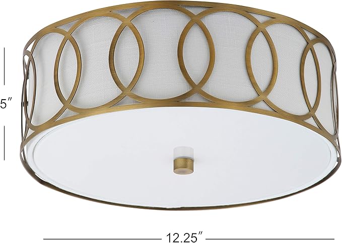 JONATHAN Y 12.25" Brass Gold 2-Light Modern Metal LED Flush Mount Ceiling Light for Bedroom Hallway, White Linen Drum Shade with Geometric Fretwork, LED Bulbs Included JYL3502A