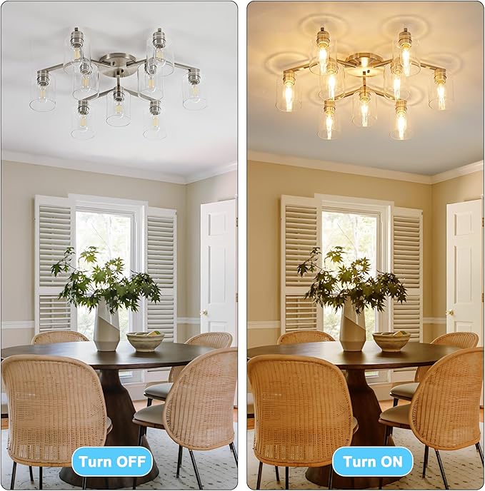 Brushed Nickel 9 Light Dining Room Ceiling Light Fixture Large Semi Flush Mount Ceiling Light Fixture Kitchen Lighting Fixtures Ceiling Light for Living Room with Clear Glass Shades