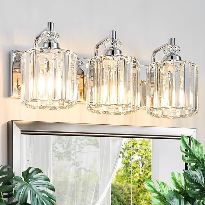 3-Light Modern Bathroom Light Fixture Chrome Bathroom Vanity Lights Over Mirror Wall Sconce Lighting with K9 Crystal Shades E26 Base for Bedroom, Living Room, Hallway, Cabinet Wall Lamp