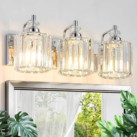 3-Light Modern Bathroom Light Fixture Chrome Bathroom Vanity Lights Over Mirror Wall Sconce Lighting with K9 Crystal Shades E26 Base for Bedroom, Living Room, Hallway, Cabinet Wall Lamp