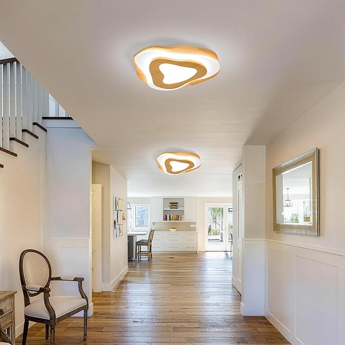Littleglovo 15.7" Modern Flush Mount LED Chandelier for Dining Room, Natural Wood Petal Energy Chandeliers Ceiling Light for Entryway Bedroom Foyer Kitchen Living Room Bathroom