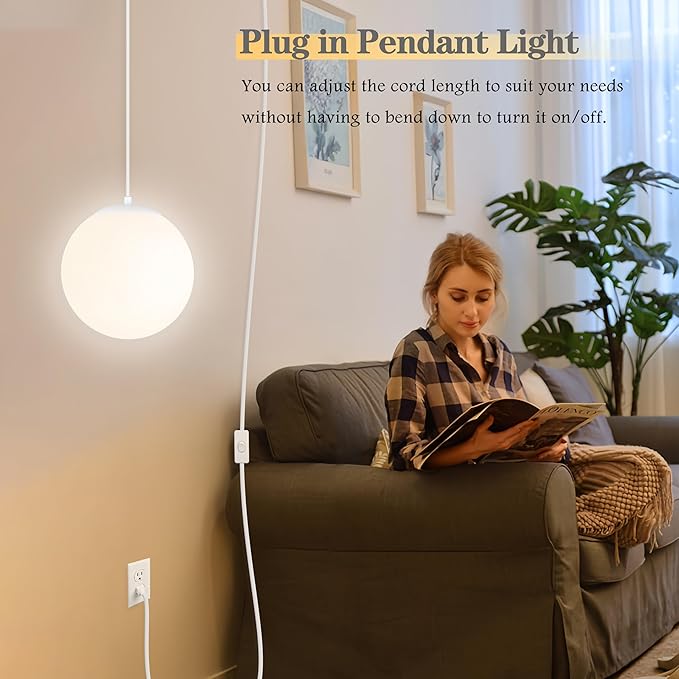 KoKo&Yukina 10" Globe Pendant Light White Plug in Pendant Light Adjustable Hanging Lights with Plug in Cord Matte White Finished with Milk Glass Lampshade for Bedroom Kitchen Island (Bulb Included)