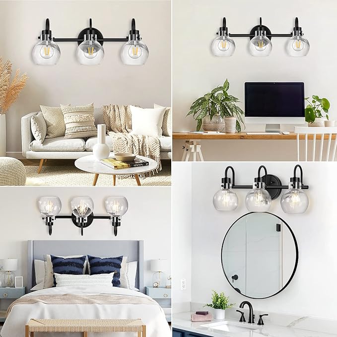 Bathroom Light Fixtures, Black 3 Lights Vanity Light, Farmhouse Wall Sconces with Globe Glass Shade, Porch Wall Mount Lamp for Mirror, Kitchen, Porch Living Room Workshop (E26 Base)