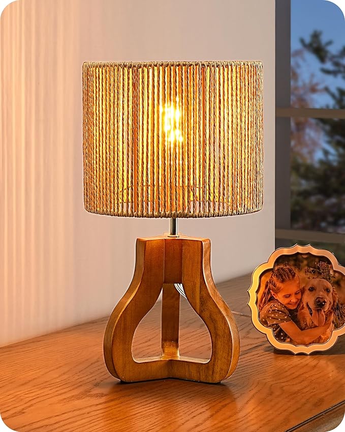EDISHINE Small Table Lamp, Rose Wood Tripod Nightstand Lamp, Handwoven Paper Rope Shade, 14.6" Rattan Bedside Lamp for Bedroom Living Room, Office, On-Off Line Switch, E26 Base(Bulb Not Included)