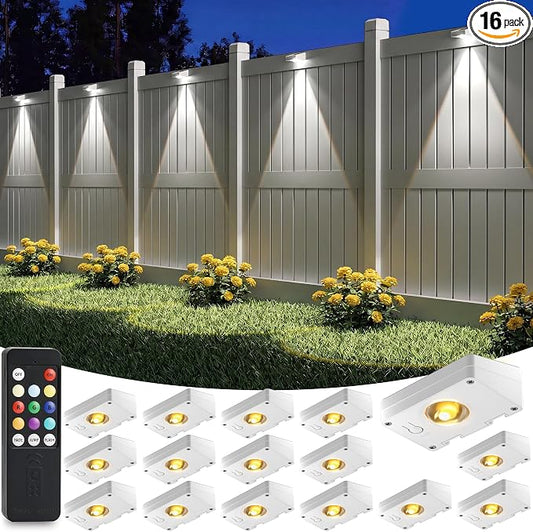 VOLISUN Solar Fence Lights with Remote Control, Fence Lights Solar Powered, IP65 Waterproof LED, RGB Color Changing Solar Light for Fence, Yard, Wall, Backyard (16 Pack,White)