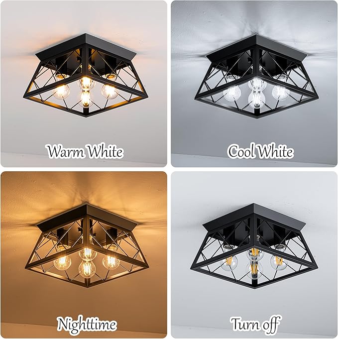 4-Lights Close to Ceiling Light, Black Industrial Ceiling Light Fixture for Dining Room, Kitchen, Living Room, Hallway, Entry, Laundry - E26 Base (No Bulb)